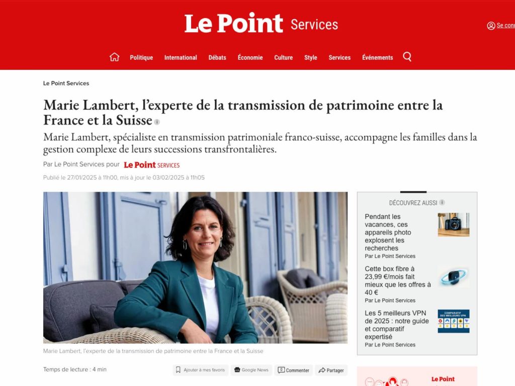 article journal français Le Point sur Marie Lambert experte de la transmission patrimoniale franco-suisse